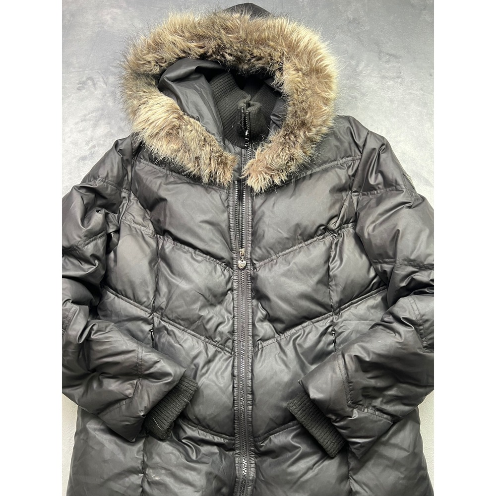 Guess Black Down Puffer Jacket Faux Fur Hood Chevron Quilt Winter Coat Womens XL